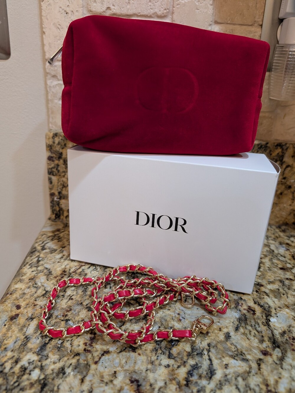 Dior Red Velvet Cosmetic Pouch With Box and Unbranded Chain